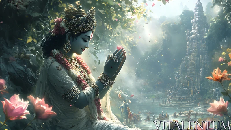 Divine woman praying in lush riverside temple landscape.