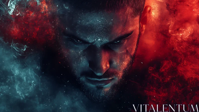 Fiery digital portrait of intense man in red blue smoke.
