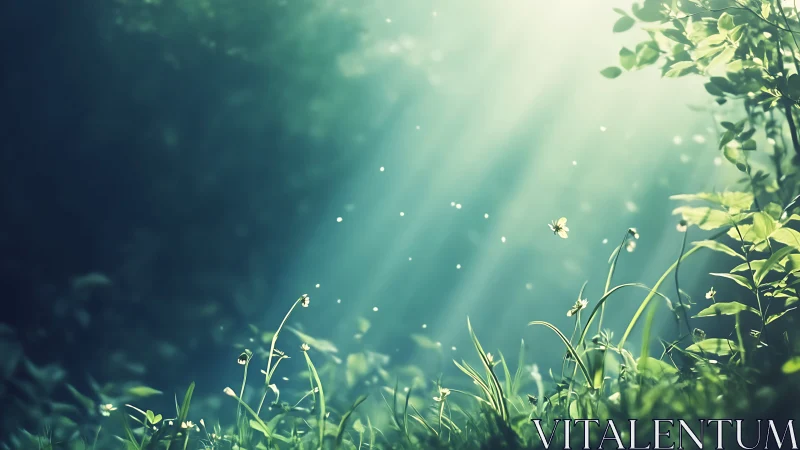 Sunlit Forest Clearing with Butterflies, Dreamy Nature Scene.