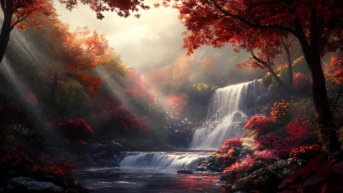 Autumn Waterfall Forest: Cascading Waters in Crimson Foliage.