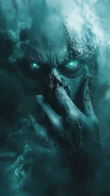 Digital spectral face emerges from teal atmospheric fog