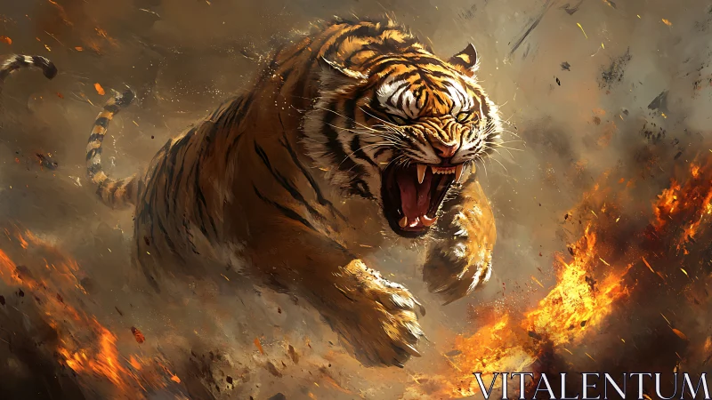 Roaring tiger lunges through smoke and scattered flames.