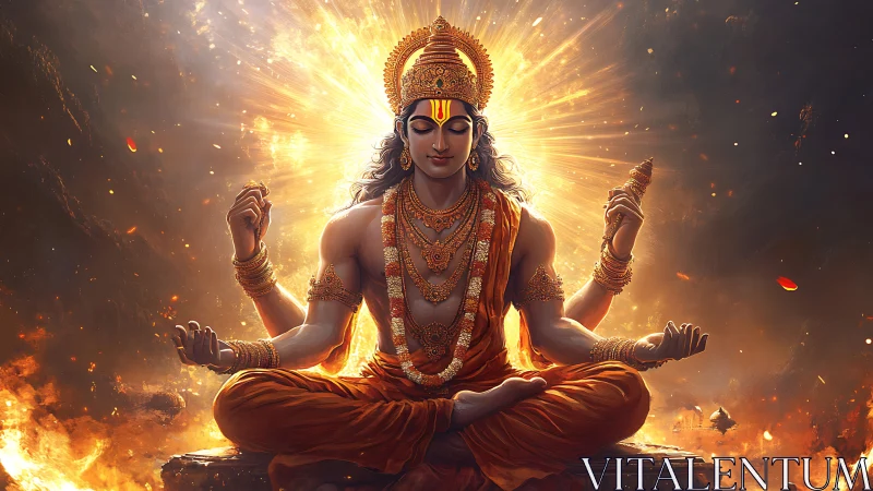 Seated deity figure in radiant fire-lit meditative setting.