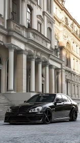 Modified black luxury sedan parked before ornate columns