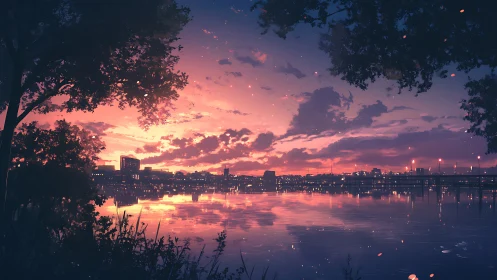 Twilight city skyline reflected in calm river with foliage framing