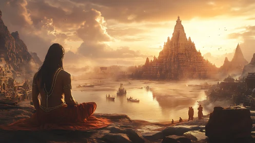 Meditating figure overlooking vast riverside temple city.