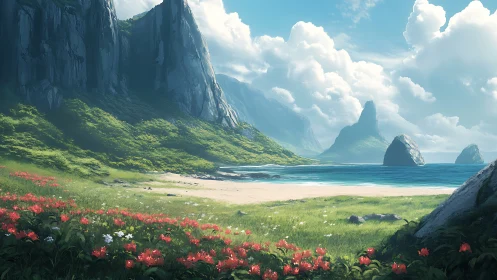 Coastal landscape with vertical rock formations and meadow.