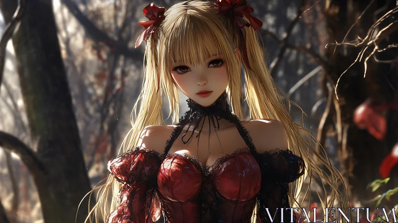 Gothic anime maiden in crimson corset within twilight forest