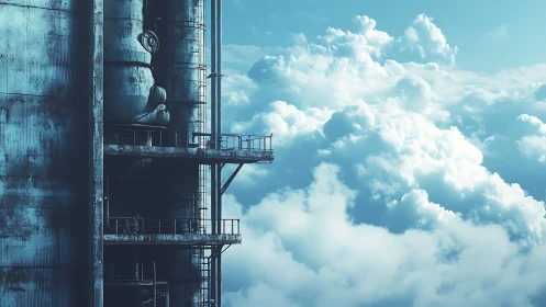 Industrial tower structure adjacent to dense cloud layer.