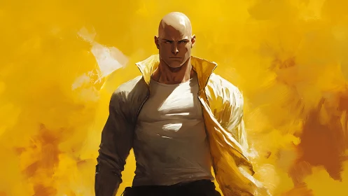 Bald male figure in yellow jacket on abstract yellow field.