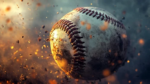 Dynamic close-up baseball blasting through flying debris.