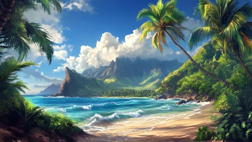 Tropical Island Paradise Beach With Palm Trees and Mountains