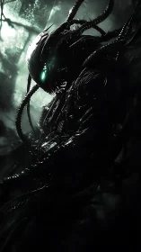 Neon-eyed forest sentinel hums quietly in tangled machine roots