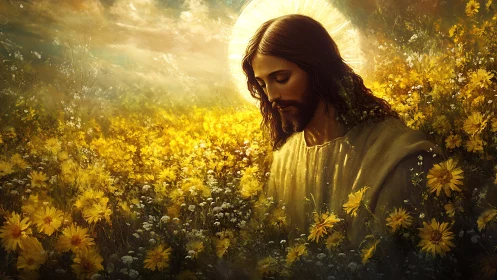 Sunlit savior bowed in a golden meadow of quiet blooms.