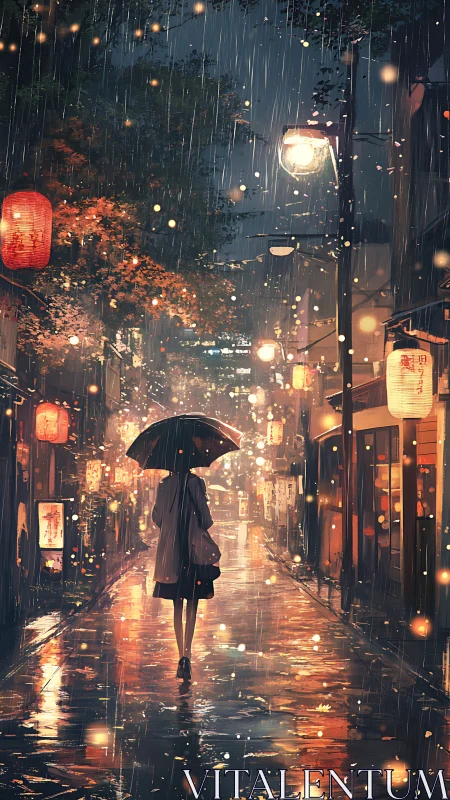 Solitary figure with umbrella on lantern lit rainy street.