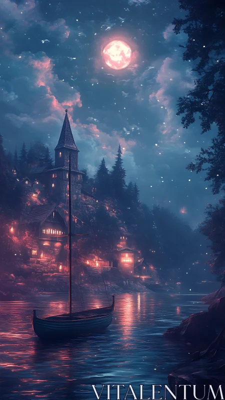 Luminous river village under saturated moonlit cloudscape glow