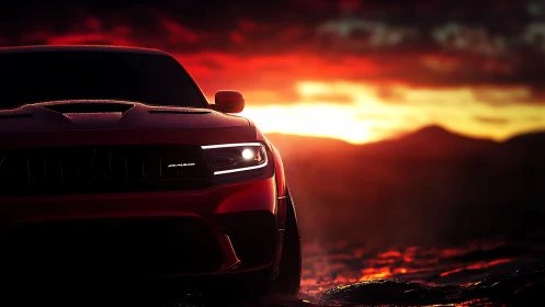 Fiery red sports car welcomes the open road at sunset
