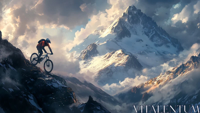 Mountain Biker Soars Above Snowy Alpine Peaks at Golden Hour
