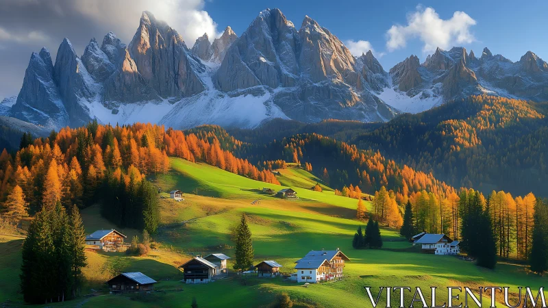 Photorealistic alpine valley with autumn forest and chalets.