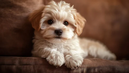 Fluffy puppy rests on a warm brown sofa in soft light.
