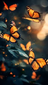 Twilight dance of glowing orange butterflies in soft forest air.