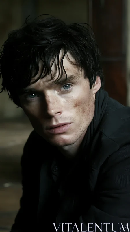 Intense close-up portrait in muted cinematic lighting.