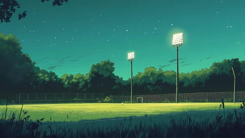Quiet night soccer field glowing softly under starlight.
