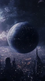 Orbital night sphere hovering above neon cradle of city.
