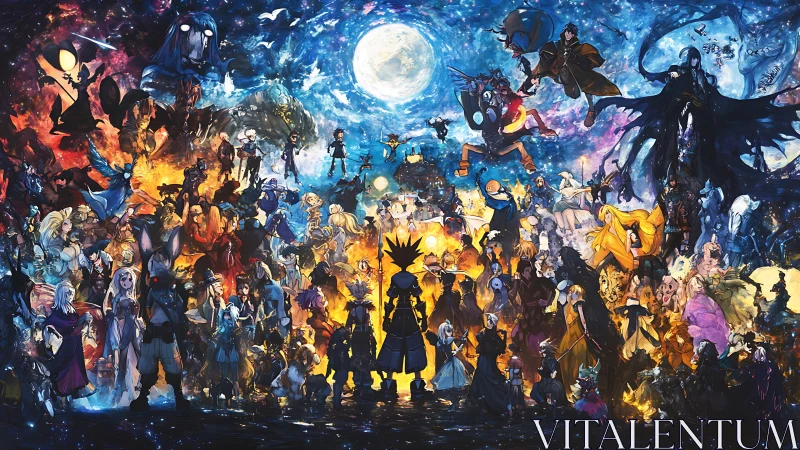 Epic anime crossover unfolds beneath a radiant cosmic moon