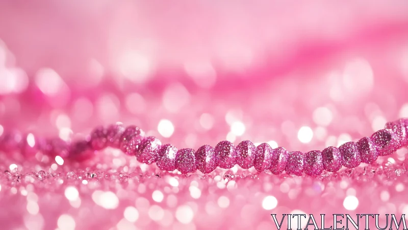 Glittering pink bead strand amid dreamy bokeh field.