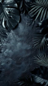 Dark tropical leaves framing textured stone surface.