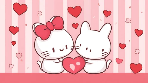 Two Adorable Cats Sharing Love With Hearts.