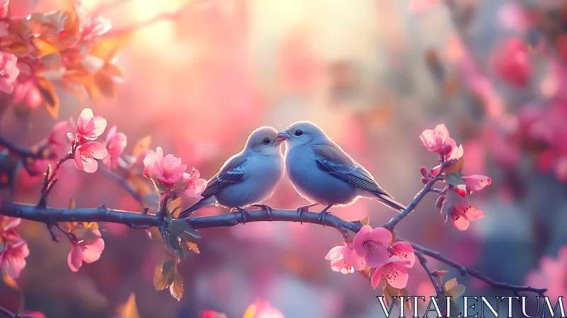 Blue birds perched together among blooming cherry blossoms.
