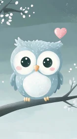 Cartoon blue owl on branch with heart in soft background.