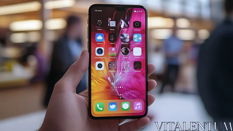 Hand holding iPhone displaying vibrant pink and magenta home screen wallpaper.