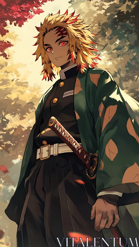Anime swordsman stands outdoors in detailed autumn forest
