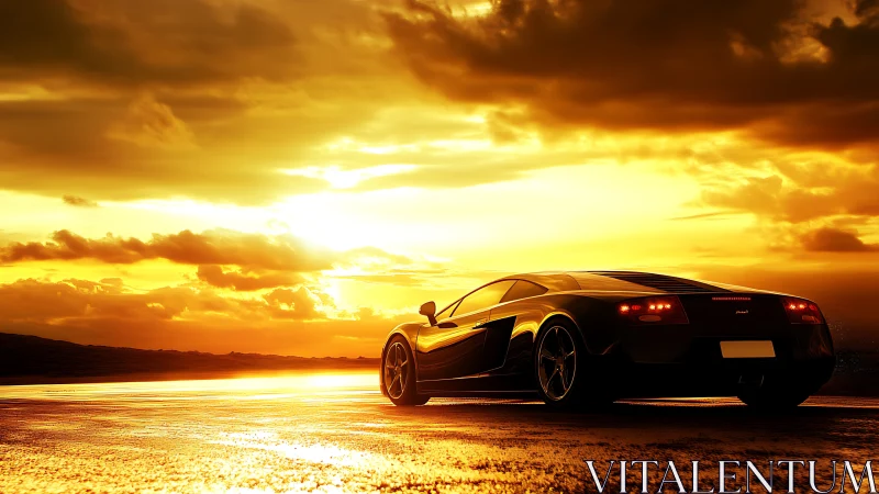 Sports coupe on reflective coastal road at sunset horizon.