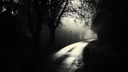 Foggy tree-lined road with wet reflective surface at dawn.
