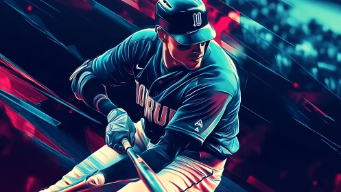 Neon-charged baseball slugger frozen in electric swing motion.
