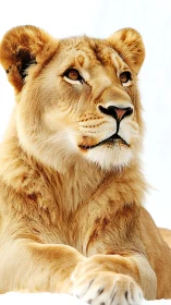 Golden lioness gazes skyward in sunlit, regal stillness.