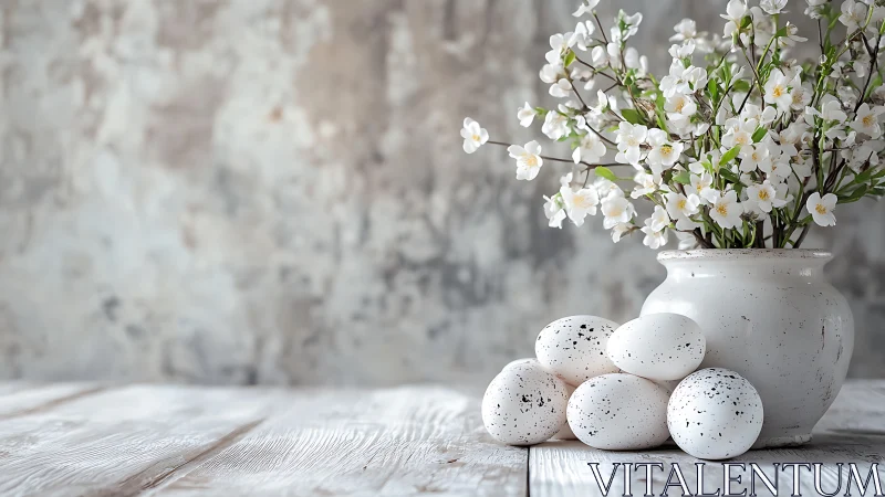 White ceramic vase with blossoms and speckled eggs still life.