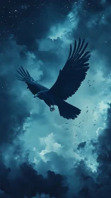 Large dark bird glides across starry night cloudscape