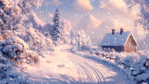 Snowy mountain cabin under pastel winter sunset snowfall.