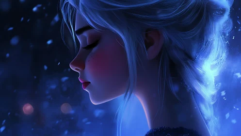 Winter dreamer in quiet snowfall with soft blue moonlight.