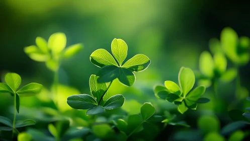 Sunlit four leaf clover glows softly in lush green field.