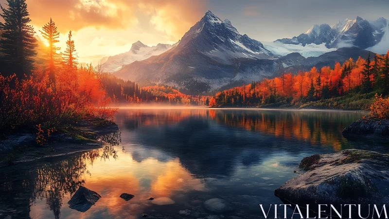 Autumn alpine lake at sunrise with snow-capped mountain reflections