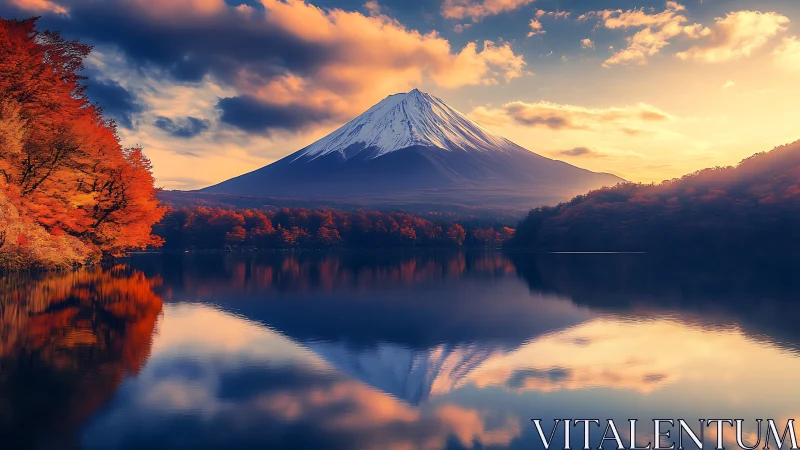 Majestic snowcapped peak mirrored in serene autumn lake.