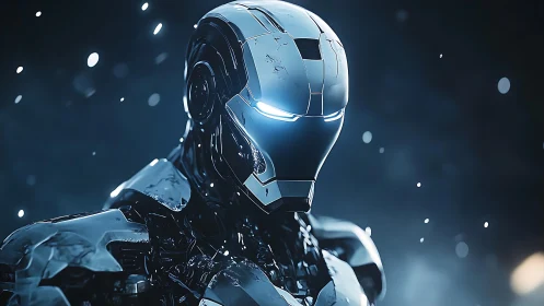 Luminescent exoskeletal combat android under glacial particle drift.