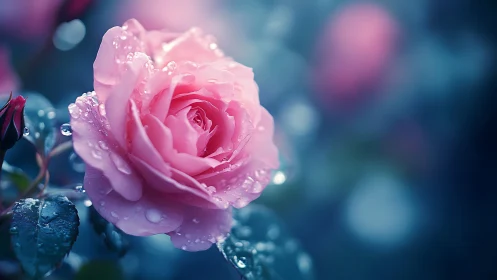Dewdrop-Kissed Pink Rose Blooming in Twilight Blue.