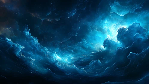 Cosmic storm of glowing blue nebula clouds in space.